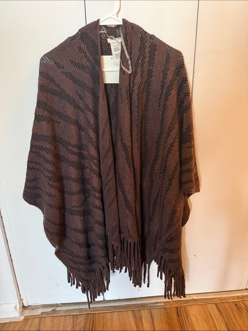 Anne Klein Brown Patterned Fringe Wrap Poncho